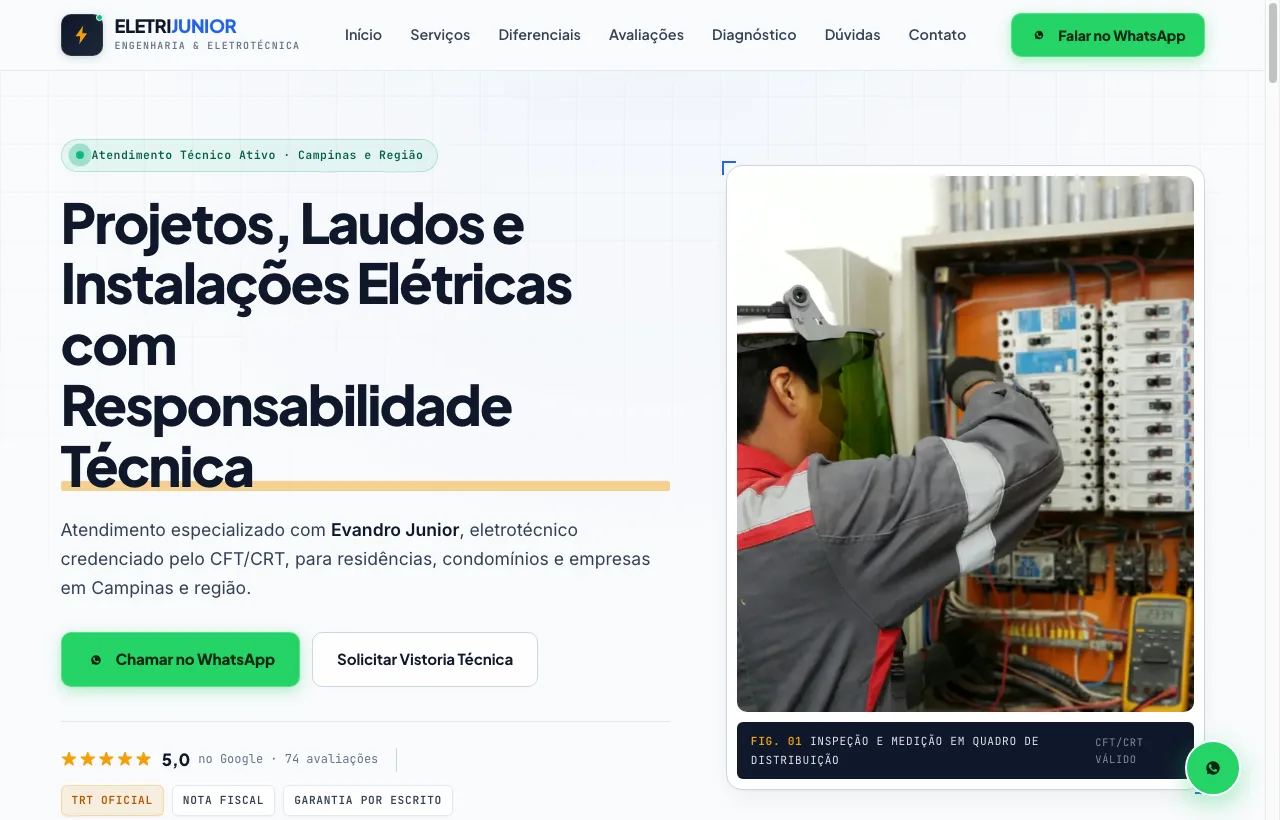 Demonstração de site para Eletri Junior - Serviços Elétricos