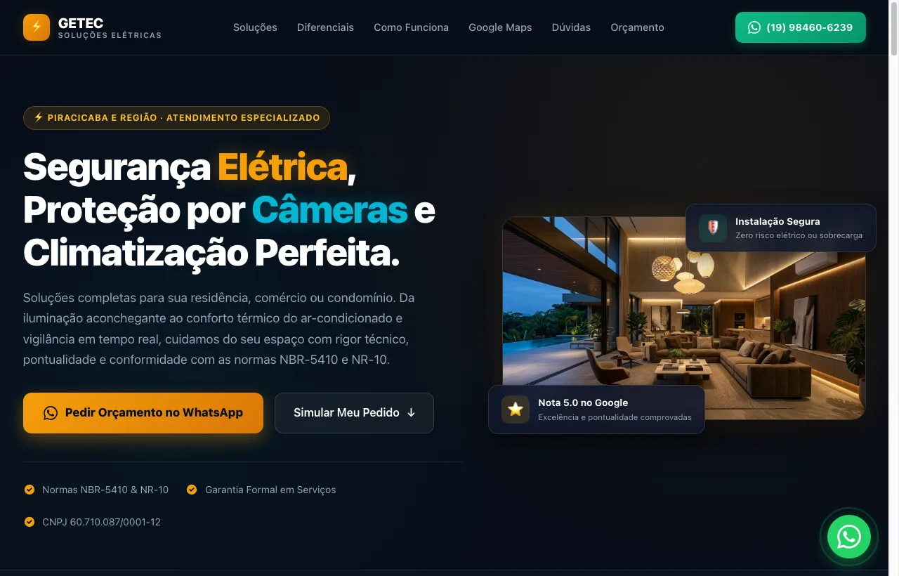 Demonstração de site para GETEC Soluções Elétricas e Ar-Condicionado