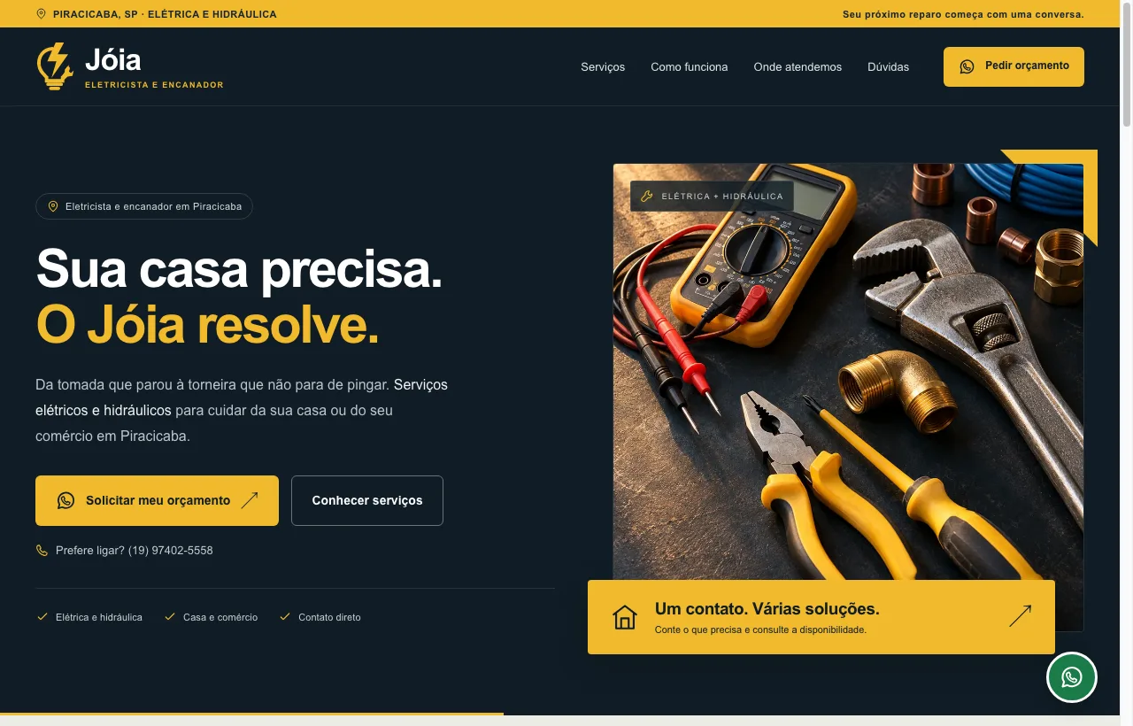 Demonstração de site para Jóia Eletricista e Encanador