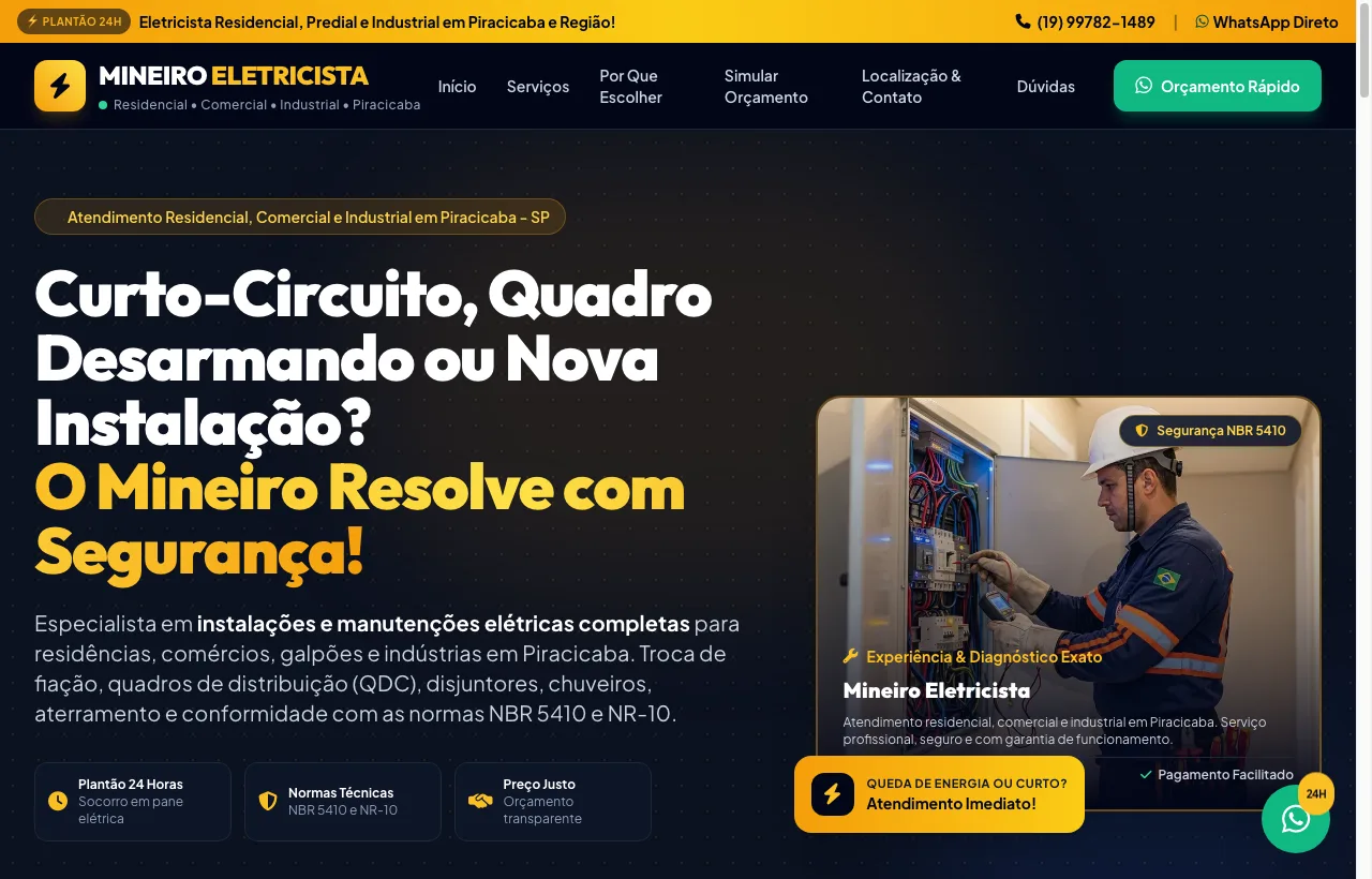 Demonstração de site para Mineiro Eletricista 24h