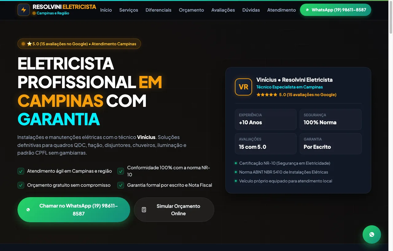 Demonstração de site para Resolvini Eletricista em Campinas