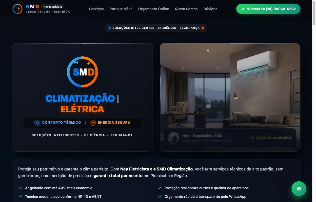 Demonstração de site para SMD Climatização e Elétrica